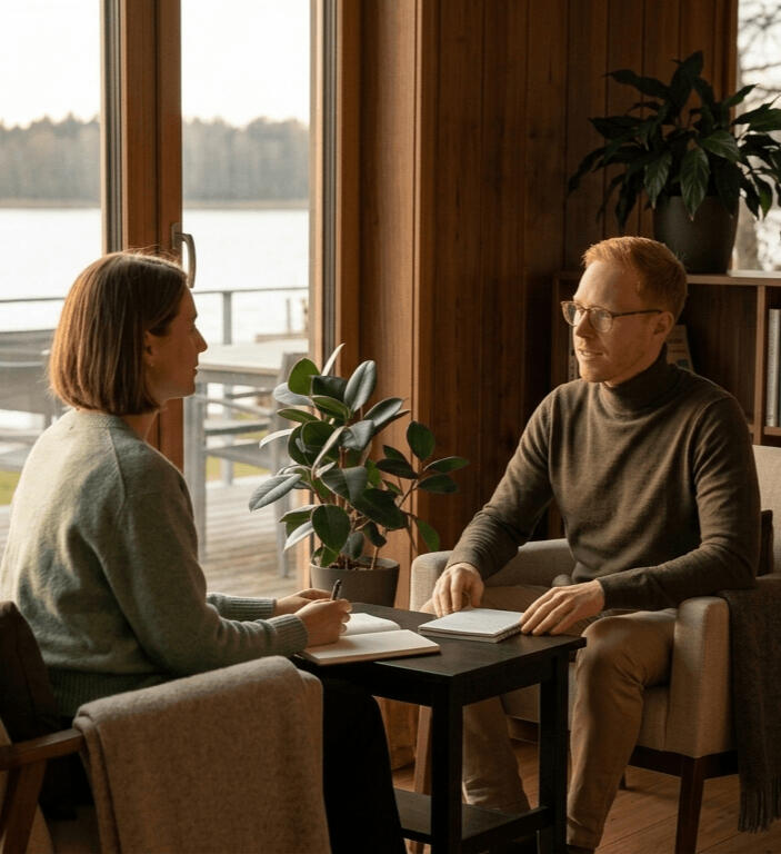 Marius Klett im Coaching-Gespräch Marius im Gespräch mit einer Klientin.